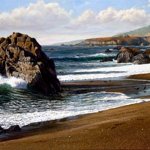 Tryck på duk, Kaliforniens kustmålning, Sandpipor på stranden, Sonoma County bild 1