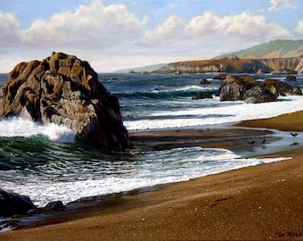 Print on Canvas, California Coast Painting, Sandpipers on Beach, Sonoma County