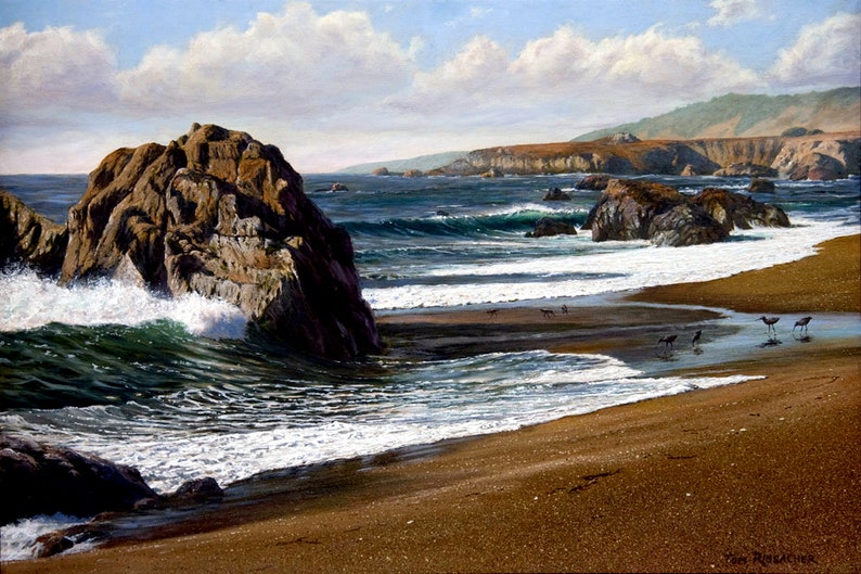 Tryck på duk, Kaliforniens kustmålning, Sandpipor på stranden, Sonoma County bild 1