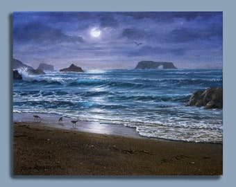 Goat Rock Beach Moonlight Oil Painting Print on Canvas
