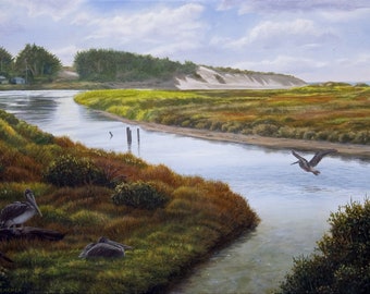 Beach Painting "Pelicans at Salmon Creek" Print on Canvas, Sonoma Coast, Bodega Bay, Sand Dunes