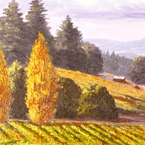 May include: A painting of a rural landscape with a vineyard in the foreground. The vineyard is surrounded by trees, including three tall, yellow trees. There are several small buildings in the distance.