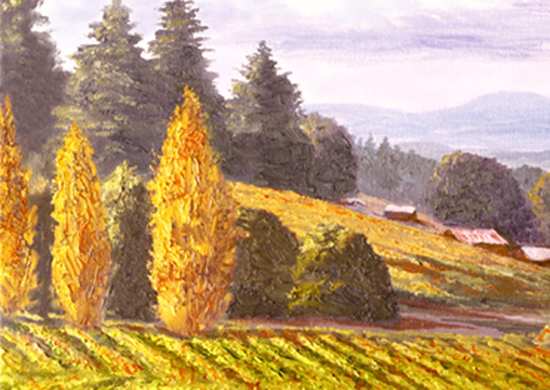 May include: A painting of a rural landscape with a vineyard in the foreground. The vineyard is surrounded by trees, including three tall, yellow trees. There are several small buildings in the distance.