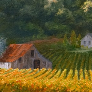May include: An oil painting of a rural scene featuring a vineyard. A barn with a red roof and a white house are set amongst trees. The vineyard's rows of plants are golden, suggesting autumn. The painting evokes a sense of peace.