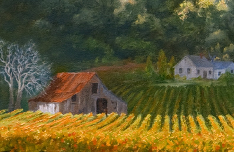 May include: An oil painting of a rural scene featuring a vineyard. A barn with a red roof and a white house are set amongst trees. The vineyard's rows of plants are golden, suggesting autumn. The painting evokes a sense of peace.