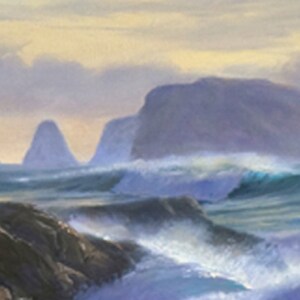 May include: A painting of a seascape with rocky islands and crashing waves. The sky is a soft yellow and the water is a deep blue.