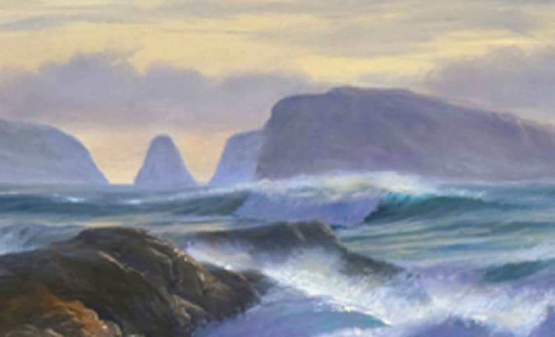 May include: A painting of a seascape with rocky islands and crashing waves. The sky is a soft yellow and the water is a deep blue.