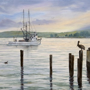 Giclee Print on Canvas, Heading Out Fishing Boat, Pelicans, Cormorants, Oil on Canvas, Nautical Painting, Bodega Bay image 1