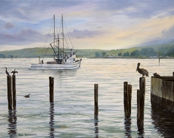Giclee Print on Canvas, "Heading Out" Fishing Boat, Pelicans, Cormorants, Oil on Canvas, Nautical  Painting, Bodega Bay