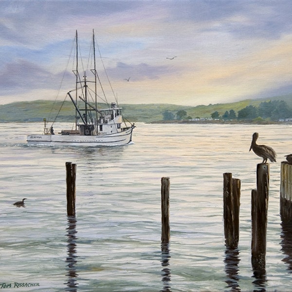 Giclee Print on Canvas, "Heading Out" Fishing Boat, Pelicans, Cormorants, Oil on Canvas, Nautical  Painting, Bodega Bay