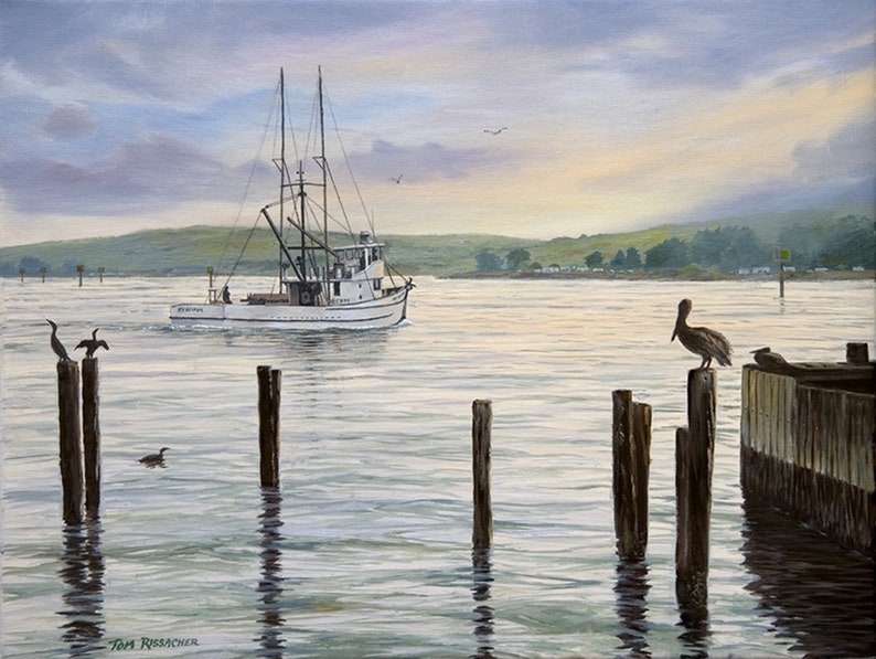 Giclee Print on Canvas, Heading Out Fishing Boat, Pelicans, Cormorants, Oil on Canvas, Nautical Painting, Bodega Bay image 1
