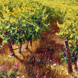 May include: A painting of a vineyard with green vines and purple grapes. The vines are growing on a hillside and there are wildflowers in the foreground.