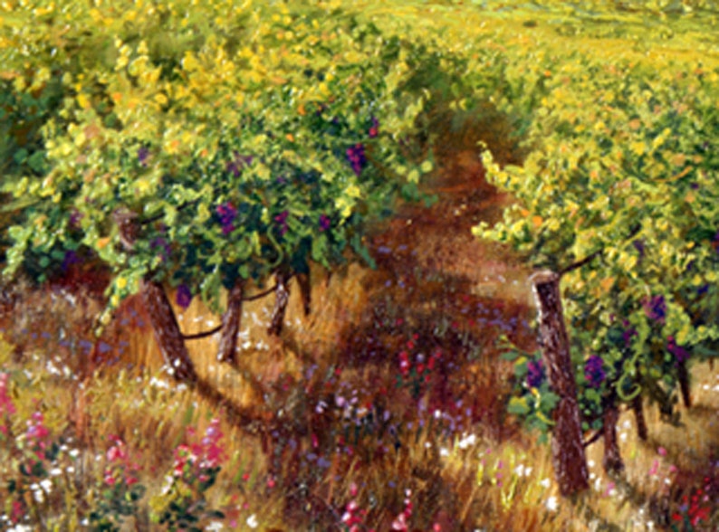 May include: A painting of a vineyard with green vines and purple grapes. The vines are growing on a hillside and there are wildflowers in the foreground.