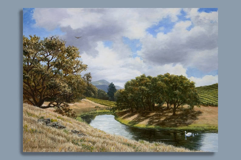 May include: A painting of a winding river in a rural landscape. The river flows through a valley with green trees and hills in the background. The sky is blue with white clouds. A bird flies overhead and a swan swims in the river.
