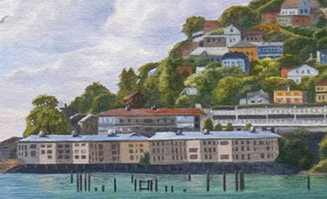 Giclee Print sausalito Waterfront Oil Painting, San Francisco Skyline