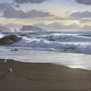 May include: A painting of a seascape with a sandy beach, foamy waves crashing on the shore, and three seagulls standing on the sand. The sky is cloudy and the sun is setting in the distance.