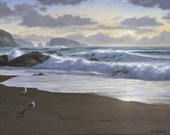 North Goat Rock, Seascape Print, Beach Painting, Sunset
