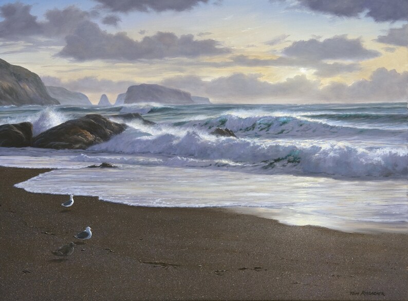May include: A painting of a seascape with a sandy beach, foamy waves crashing on the shore, and three seagulls standing on the sand. The sky is cloudy and the sun is setting in the distance.