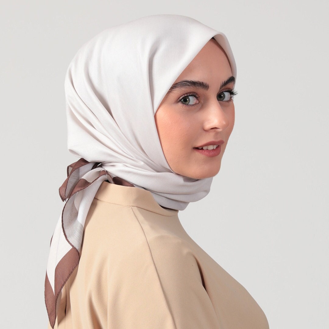 Silk Cotton Blend Scarf Cream With Brown Edges 90x90cm Square Turkish