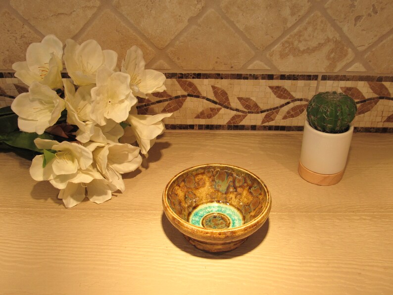recycled glass handmade pottery brown and turquoise bowl