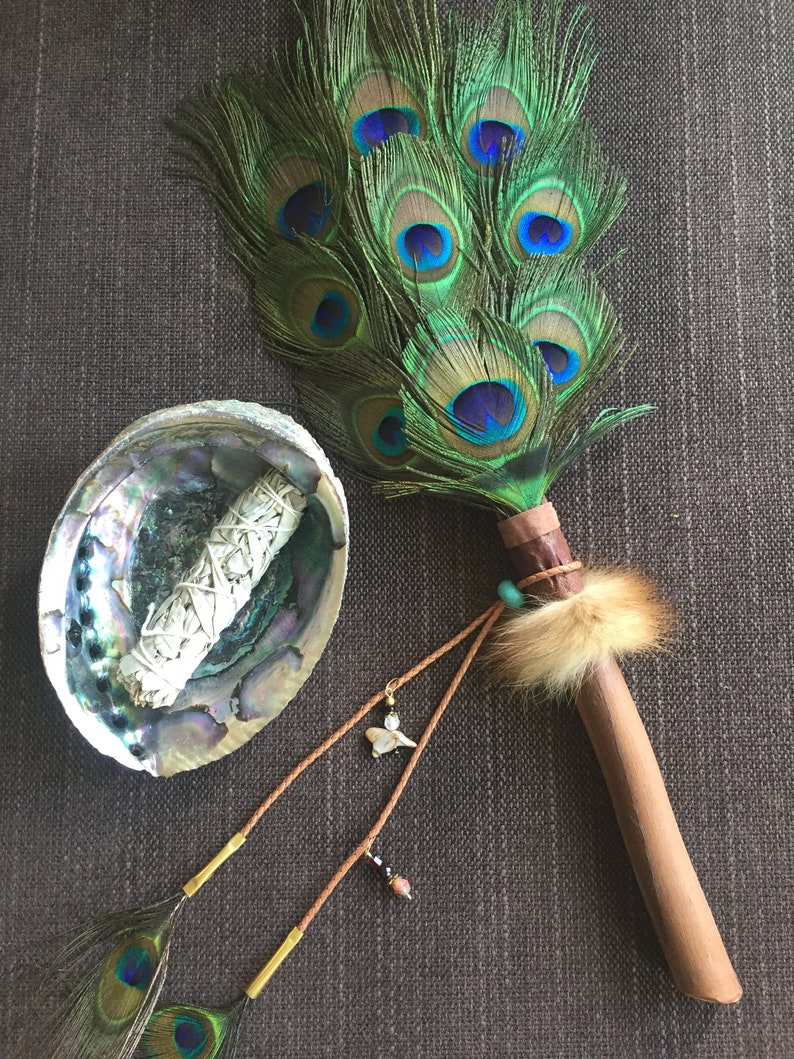Peacock Spirit Smudge Fan Feather Wand with Gemstones Etsy