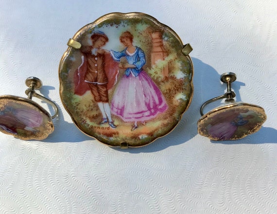 Vintage Fragonard brooch & earring set Limoges - image 1