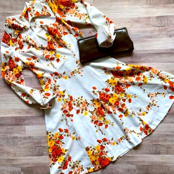Vintage 60s 70s Floral Long Sleeve Fit & Flare Dagger Collar Skater Dress