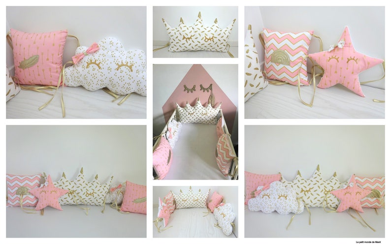 Tour de lit bébé nuage princesse couronne étoile blanc rose or - Créatrice : Lepetitmondedemaoli