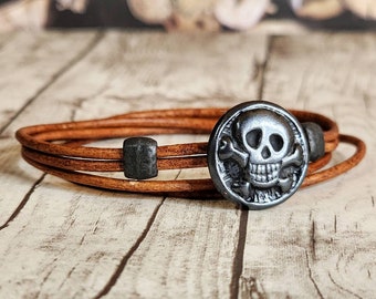 Happy Skull Bracelet - Skull - Leather Wrap Bracelet - Leather Bracelet - Mens Leather Bracelet - Womens Leather Bracelet - Skull Jewelry