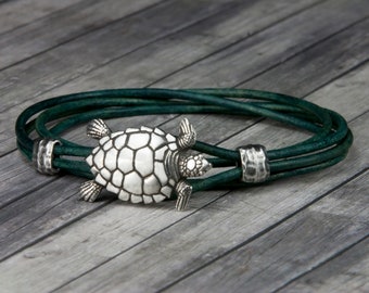 Womens Leather Bracelet - Turtle - Mens Leather Bracelet - Leather Wrap Bracelet - Turtle Bracelet - Sea Turtle - Beach Jewelry - Ocean