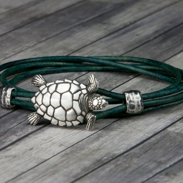 Womens Leather Bracelet - Turtle - Mens Leather Bracelet - Leather Wrap Bracelet - Turtle Bracelet - Sea Turtle - Beach Jewelry - Ocean