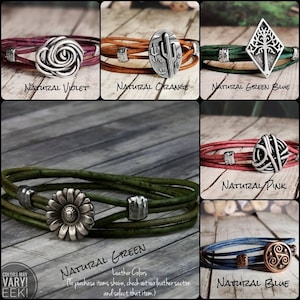 May include: A collage of ten leather bracelets with different colored leather and metal charms. The charms include a rose, a cactus, a tree, a swirl, a flower, and a Celtic knot. The text "Colors May Vary! Eek!" is in the bottom left corner. The text "Natural Violet, Natural Orange, Natural Green Blue, Natural Pink, Natural Green, Natural Blue" is below each bracelet.