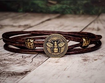 Bee Leather Bracelet - Leather Wrap Bracelet - Womens Leather Bracelet - Mens Leather Bracelet - Bee Jewelry - Leather Bracelet - Honey Bee