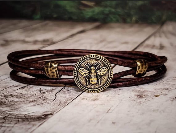 Bee Leather Bracelet Leather Wrap Bracelet Womens Leather Bracelet  Mens Leather Bracelet Bee Jewelry Leather Bracelet Honey Bee