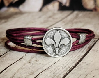 Fleur de Lis - Leather Jewelry - Leather Wrap Bracelet - Mens Leather Bracelet - Womens Leather Bracelet - Fleur de Lis Jewelry - France