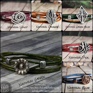 May include: A collage of ten leather bracelets with different colored leather and metal charms. The charms include a rose, a cactus, a tree, a swirl, a flower, and a Celtic knot. The text "Colors May Vary! Eek!" is in the bottom left corner. The text "Natural Violet, Natural Orange, Natural Green Blue, Natural Pink, Natural Green, Natural Blue" is below each bracelet.