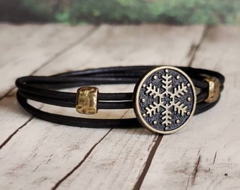 Snowflake Leather Bracelet - Norse Jewelry - Leather Wrap Bracelet - Womens Leather Bracelet - Mens Leather Bracelet - Snowflake - Viking