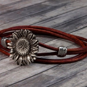 Womens Leather Bracelet - Sunflower - Flower Leather Bracelet - Leather Wrap Bracelet - Flower Jewelry - Womens Bracelet - Sunflower Jewelry