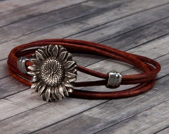 Womens Leather Bracelet - Sunflower - Flower Leather Bracelet - Leather Wrap Bracelet - Flower Jewelry - Womens Bracelet - Sunflower Jewelry