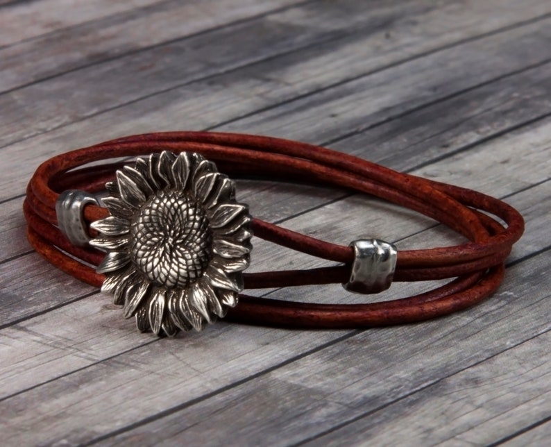 Womens Leather Bracelet Sunflower Flower Leather Bracelet image 0