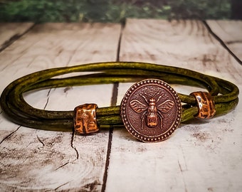 Bee Leather Bracelet - Leather Wrap Bracelet - Womens Leather Bracelet - Mens Leather Bracelet - Bee Jewelry - Leather Bracelet - Honey Bee