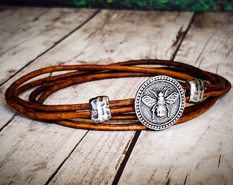 Bee Leather Bracelet - Leather Wrap Bracelet - Womens Leather Bracelet - Mens Leather Bracelet - Bee Jewelry - Leather Bracelet - Honey Bee