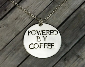 Coffee Necklace - Hand Stamped Powered By Coffee Necklace - Novelty Gift - Coffee Lovers Gift - Funny Girl Gift - Quirky Gift - Christmas