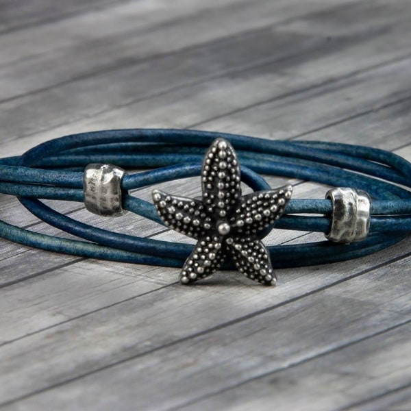 Womens Leather Bracelet - Starfish - Mens Leather Bracelet - Leather Wrap Bracelet - Starfish Bracelet - Starfish - Beach Jewelry - Ocean