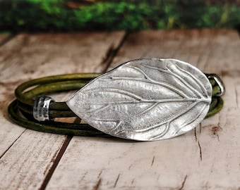 Elven Leaf Leather Bracelet - Leaf Jewelry - Leather Wrap Bracelet -  Mens Leather Bracelet - Womens Leather Bracelet - Nature Jewelry - Elf
