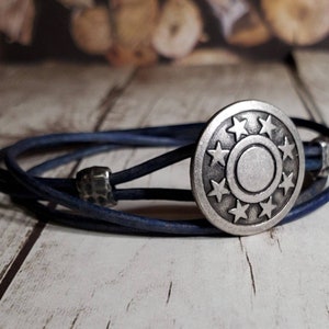 Star Leather Bracelet - Leather Wrap Bracelet - Mens Leather Bracelet - America Jewelry - Shield - Captain - Fourth of July - Patriotic