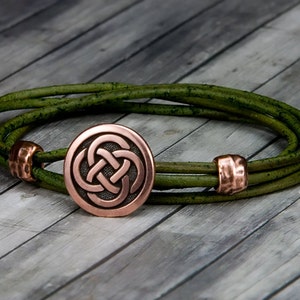 Copper Celtic Knot Green Leather Bracelet Leather Wrap Bracelet Christmas Mens Leather Bracelet Womens Leather Bracelet Celtic image 1