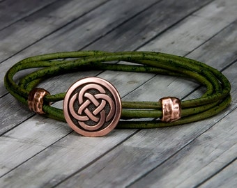Copper Celtic Knot Green Leather Bracelet - Leather Wrap Bracelet - Christmas - Mens Leather Bracelet - Womens Leather Bracelet - Celtic