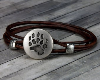 Leather Bracelet - Bear Paw - Leather Wrap Bracelet - Animal Leather Bracelet - Mens Leather Bracelet - Womens Leather Bracelet - Bear - Paw