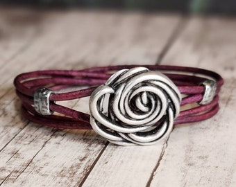 Wire Rose Leather Bracelet - Steampunk Jewelry - Leather Wrap Bracelet - Womens Leather Bracelet - Mens Leather Bracelet - Art Jewelry -Rose